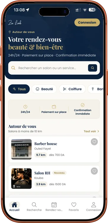 Écran d'accueil de l'app ZinLook : salons beauté autour de vous