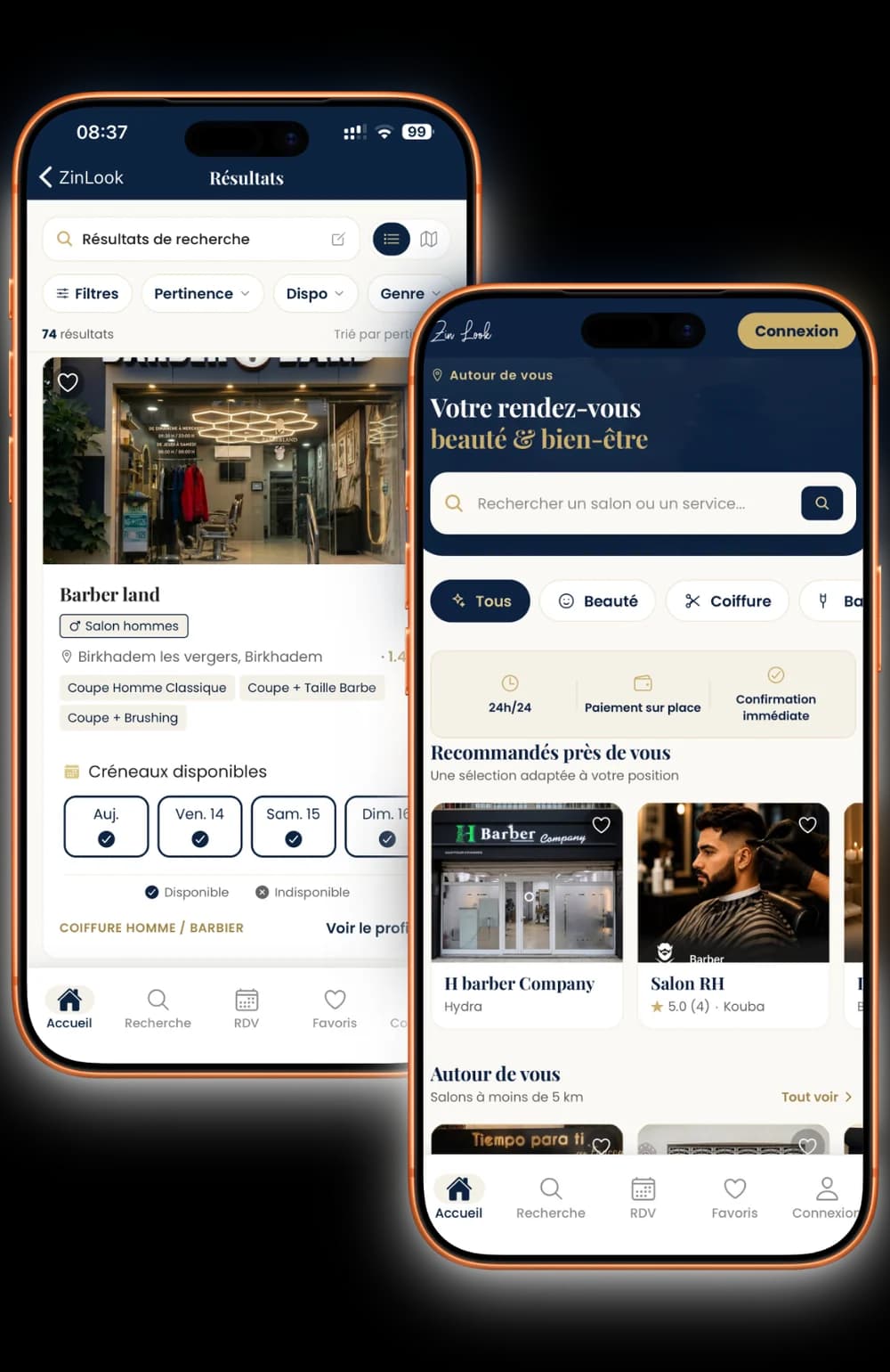 L'app ZinLook sur deux iPhone : résultats de recherche de salons et écran d'accueil avec les salons recommandés autour de vous