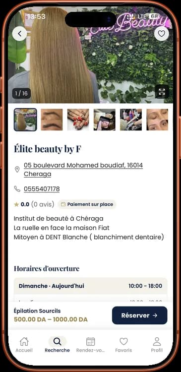 Fiche salon dans l'app ZinLook : photos, adresse, horaires et bouton Réserver