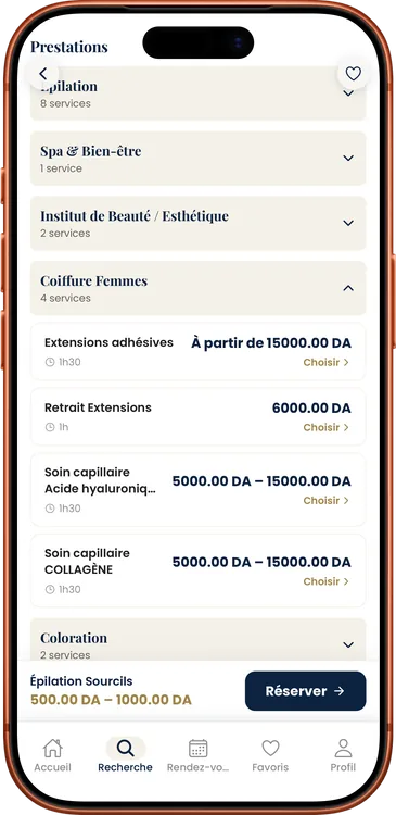 Prestations d'un salon avec les prix en dinars