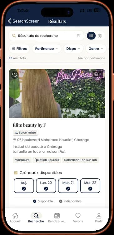 Résultats de recherche de salons avec filtres et disponibilités